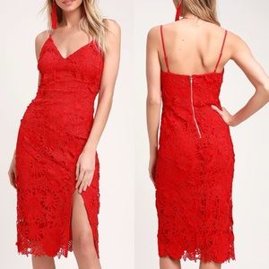 Lulu's Red Lace Midi Dress with Spaghetti Straps